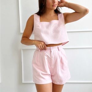 Pleated linen shorts and linen crop square neck top